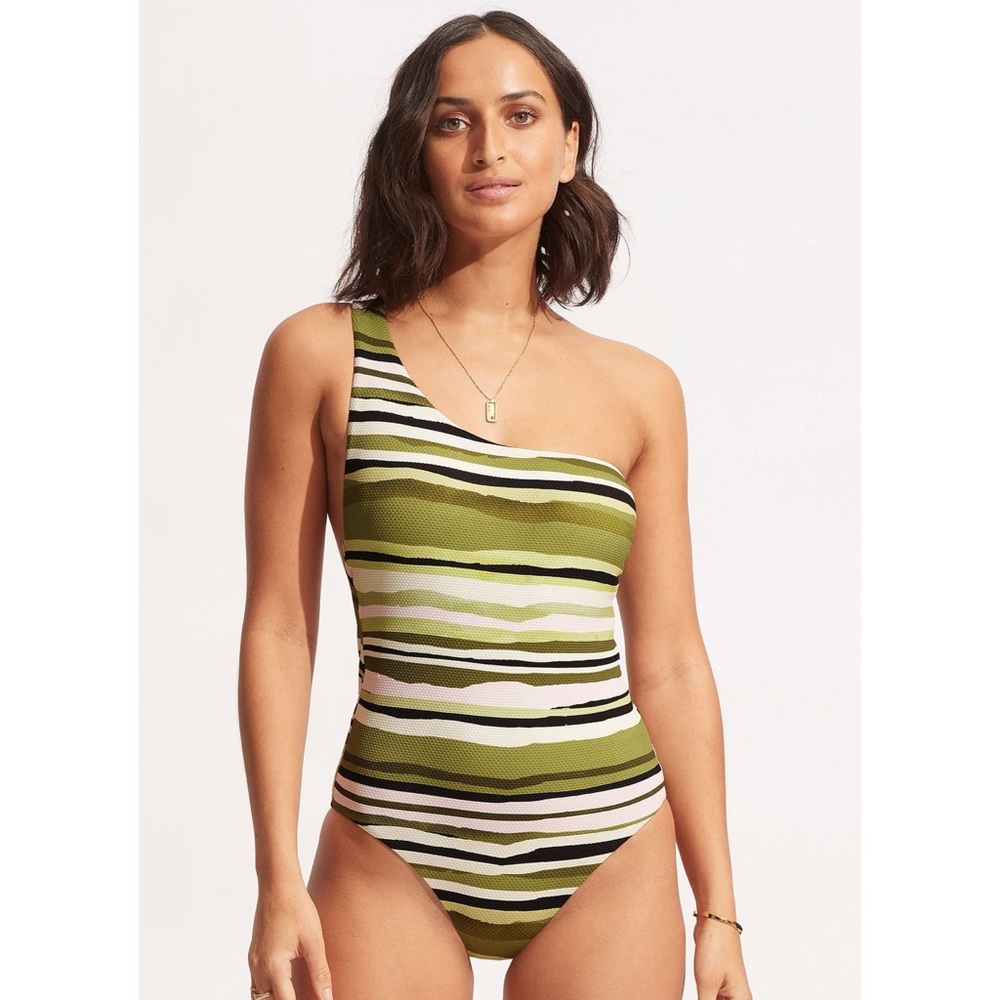 Seafolly Sun Stripe One Shoulder One Piece Swimsuit - Avocado Green Resort
